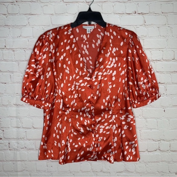 TOPSHOP Womens Red Satin Patterned Short Sleeve Button Front Blouse Top Size 10 - Picture 1 of 10